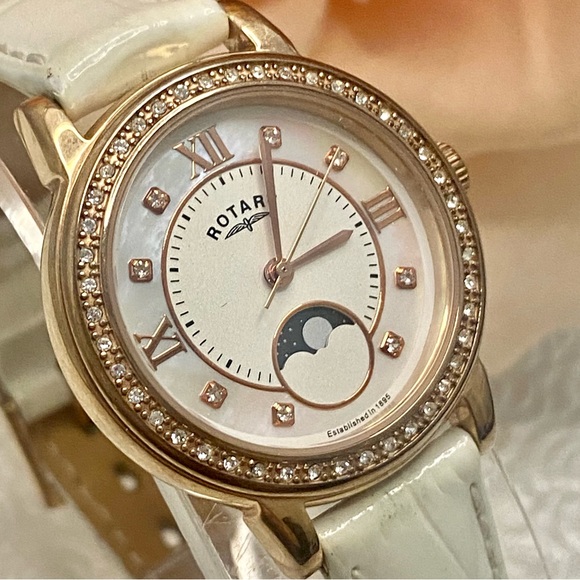 Gorgeous Rotary Mother of Pearl Dial Crystal Bezel Moon Phase Watch LS00164/41 - Picture 4 of 15